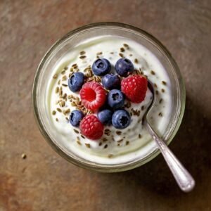 Coconut yogurt with chia seeds and berries