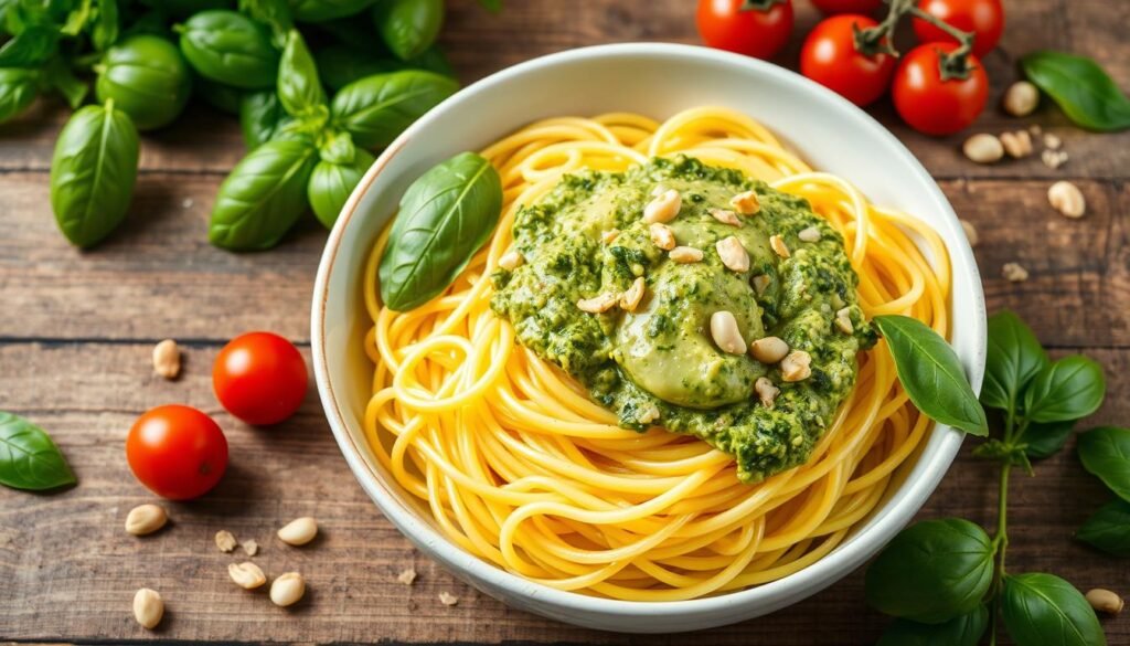 spaghetti squash noodles with creamy avocado pesto