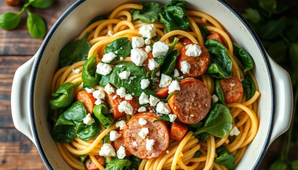 One-Pot Spinach, Chicken Sausage & Feta Pasta